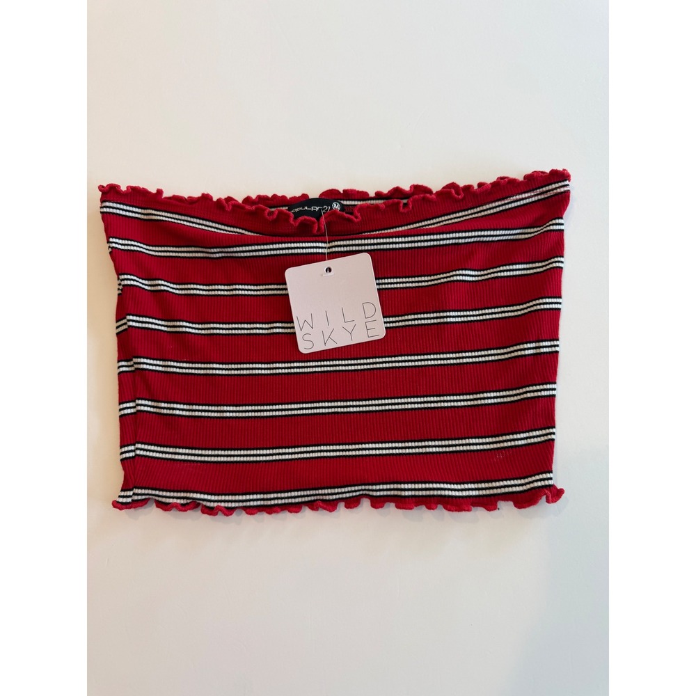 Popular 21 Wild Skye‎ Red Striped Ribbed Tube Top Lettuce Edge Crop Medium